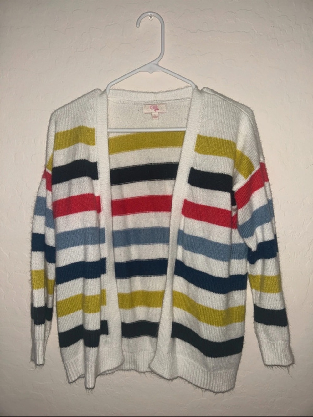 GB Girls White Open-Front Cardigan with Multi-Color Stripes